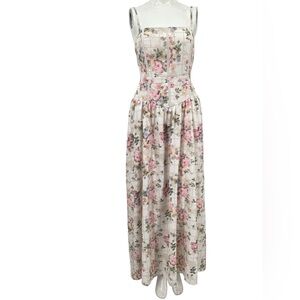 Cream and Pink Floral Maxi Sundress with Fitted Waist